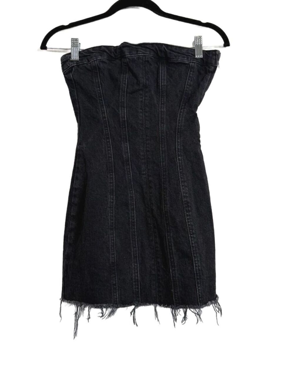 Zara‎ Black Strapless Denim Mini Dress with Frayed Hem